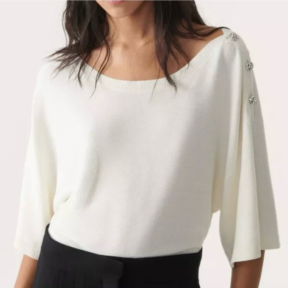 ba&sh Cream Bahi 3/4 Sleeve Boat Neck Jeweled Sweater Small - Picture 1 of 16